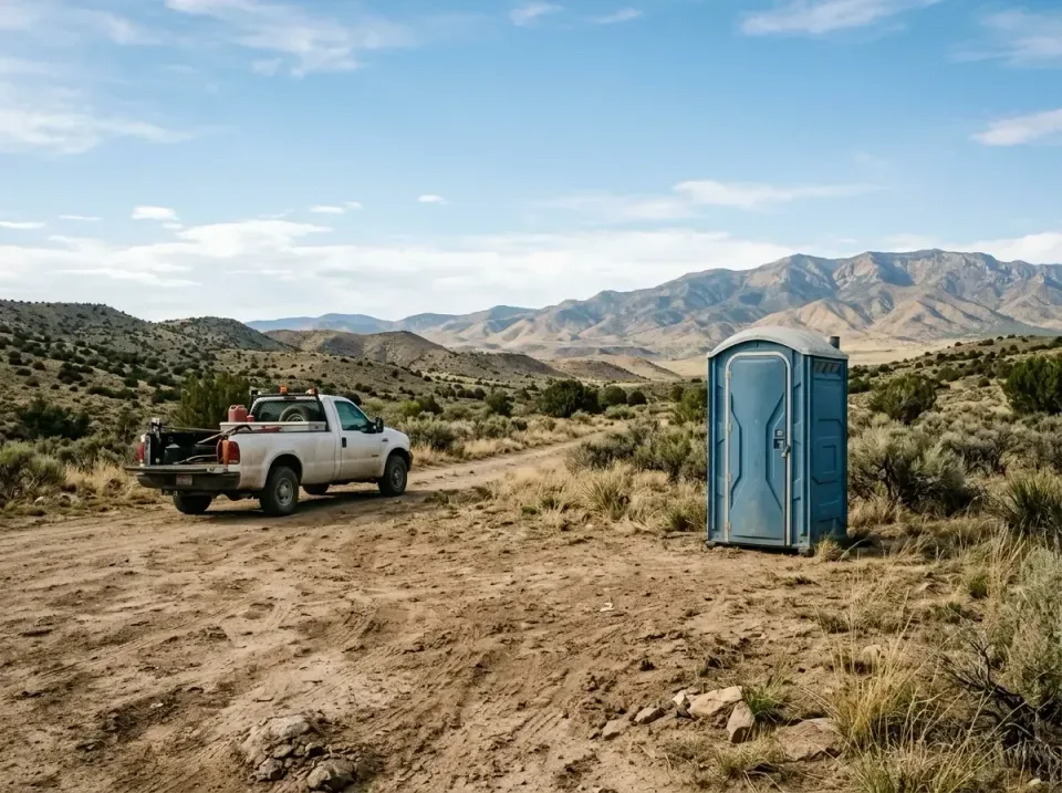 Portable Toilet — Remote Location — Portable Toilet, Pickup Truck, Dirt Road, Remote Location, Portable Toilet Rental in Mil…